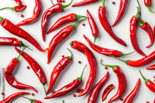 Fresh red chili peppers with green stems, isolated on a white background, showcasing vibrant color and spicy flavor.