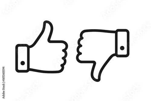 Thumbs up and thumbs down outline icon showing like and dislike, approval and rejection, positive negative feedback indicators, social media rating UI, vector illustration