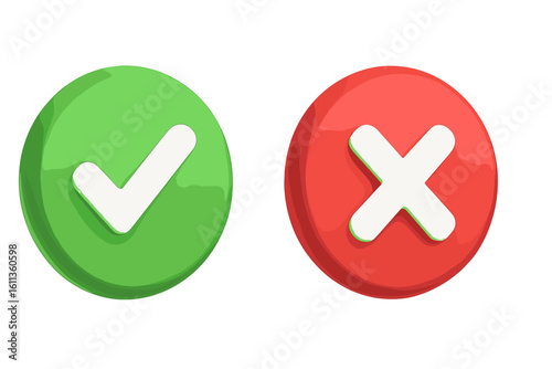 Green checkmark red cross 3D buttons set. Accept reject approval denial UI elements. Yes no tick X symbols. Interface design vector icons. Decision making controls