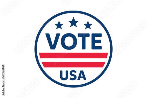 Vote USA election patriotic badge button emblem design. American flag stars stripes democratic campaign symbol. Political voting circular graphic vector illustration