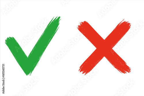 Green check mark tick and red cross wrong icon, brush stroke symbols on white background, yes or no decision, correct versus incorrect sign, approval rejection vector illustration