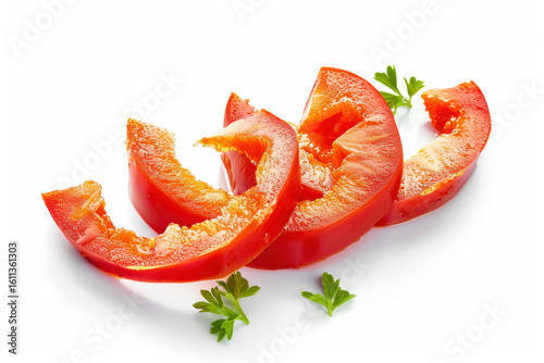 Close-up of sliced orange bell pepper with visible seeds, isolated on a white background, highlighting vibrant color and freshness.