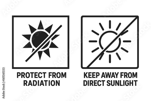 Packaging care symbols set radiation sunlight protection warning icons. Handle with care shipping labels. Black vector handling instructions signs for products goods packaging