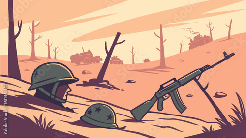Illustration of a military helmet and rifle resting on a battlefield with bare trees in the background