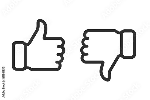 Thumbs up and thumbs down outline icons. Like and dislike hand gesture symbols for feedback, approval and rejection, social media rating buttons, vote indicator, vector illustration