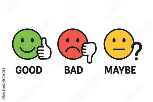 Customer feedback rating icons set. Good bad maybe evaluation symbols. Thumbs up down emoticons. User review quality assessment vector illustration transparent background
