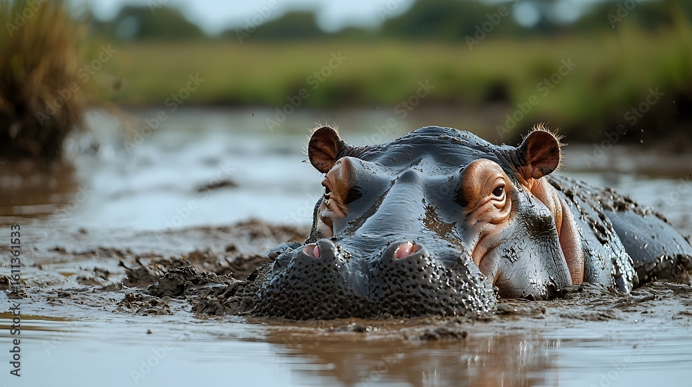Fototapeta premium Playful hippopotamus rolling in mud cooling down in vibrant natural setting