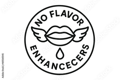 No flavor enhancers label badge. Natural food packaging symbol. Clean eating organic product seal. Mouth wings logo. Additive free emblem vector design