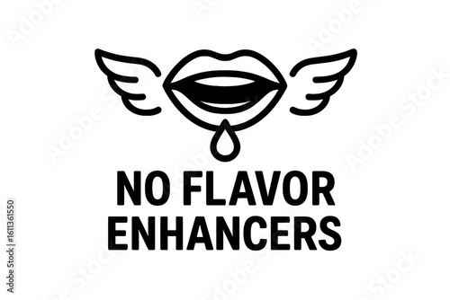 No flavor enhancers food packaging label design. Mouth lips icon with wings symbol freedom from artificial additives. Clean eating natural organic product