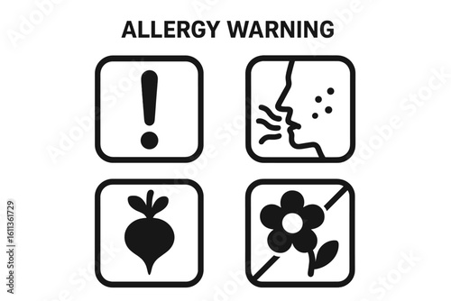 Allergy warning vector icon set. Food, pollen and respiratory allergen symbols. Information signs for packaging, labels, and products. Attention, beet, and flower icons.