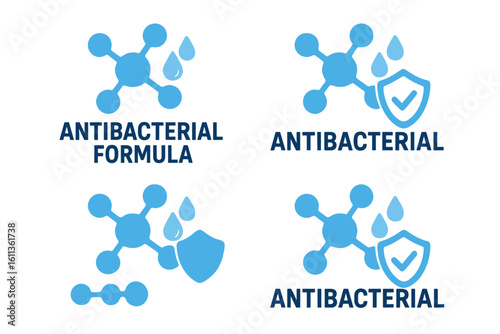 Antibacterial formula concept vector set. Molecular structure hygiene protection shield symbol. Clean safe product packaging label design. Medical science chemistry molecule illustration