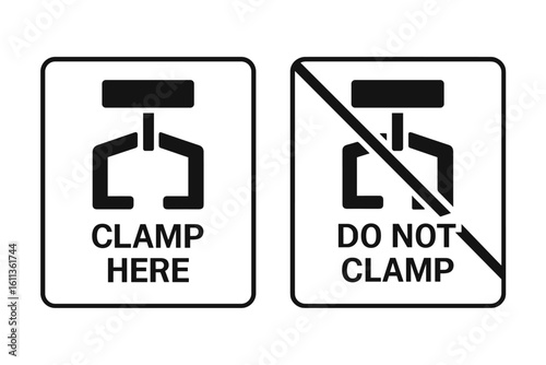 Clamp Here & Do Not Clamp packaging symbols. Set of cargo manipulation marks for shipping and logistics. Vector icons for product handling instructions on goods and freight.