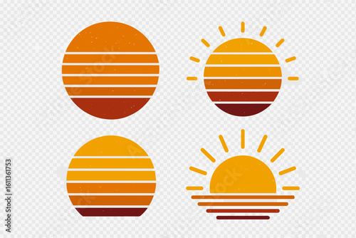 Retro sunset sunrise sun vector icon set, 80s 90s vintage striped sun circles with rays, gradient horizon half sun illustrations isolated on transparent background for logo, print