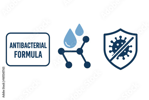 Antibacterial formula protection shield vector set. Molecule structure water drops hygiene packaging label design. Medical disinfection sanitizer concept icons symbols