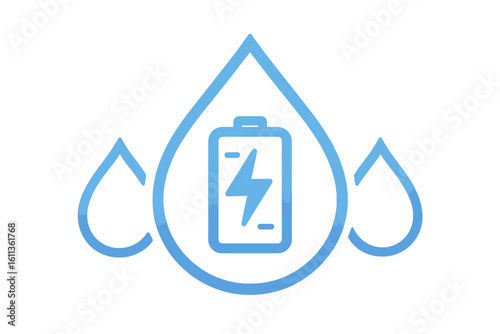 Blue line icon of hydro battery power: water droplet with charging symbol, clean energy storage, eco electrolyte tech, sustainable electricity vector illustration