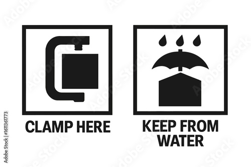 Set of packaging symbols for cargo. Shipping marks Clamp Here and Keep From Water. Vector icons for logistics and handling instructions on parcels and goods. Black signs.