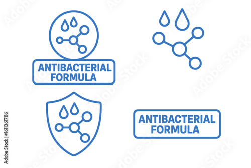 Antibacterial formula concept vector set. Product packaging labels with molecular structure, water drops, protection shield symbols. Healthcare hygiene chemistry design elements