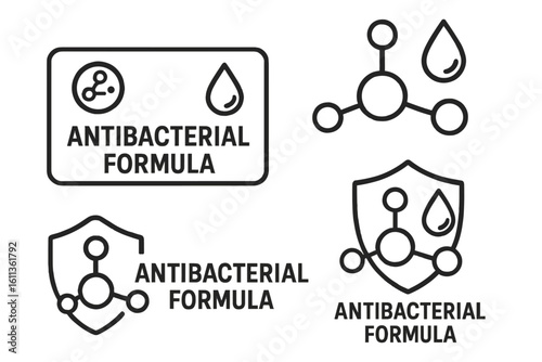 Antibacterial formula packaging labels set. Molecular structure protection symbols. Clean hygiene icons badges. Product labeling vector illustration collection