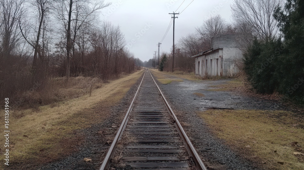 Fototapeta premium Deserted railroad tracks vanishing into a bleak, wintery landscape.