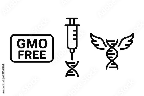 GMO free product labeling concept. Medical syringe DNA modification genetic engineering symbols. Natural organic pharmaceutical packaging vector icons set