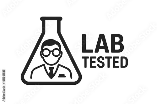 Lab tested icon symbol. Medical laboratory flask with doctor scientist figure. Quality assurance packaging label. Research testing certification badge vector