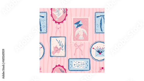 Whimsical pastel bird and love letter pattern perfect for romantic designs and cute backgrounds, adding a touch of sweetness and charm to any project