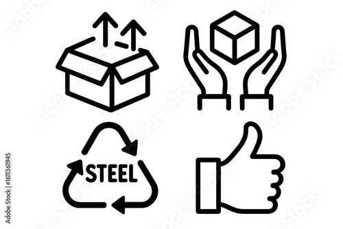 Packaging cargo symbols set, product goods manipulation, steel recycling, fragile, handle with care, this side up, vector outline design.