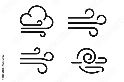 Wind blow line icons set of swirling breeze gust and air flow with cloud meteorology sign collection. Outline weather forecast symbol. Linear style vector illustration isolated