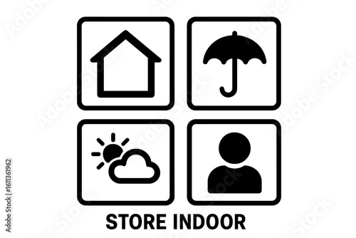 Store Indoor manipulation symbols for packaging. Cargo marking for products and goods. Logistics and shipping icons. Keep dry, protect from sun. Vector illustration set.
