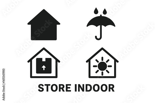 Set of packaging symbols for cargo. Store indoor, keep dry, protect from heat icons. Logistics and handling vector pictogram collection for goods. Fragile package label.