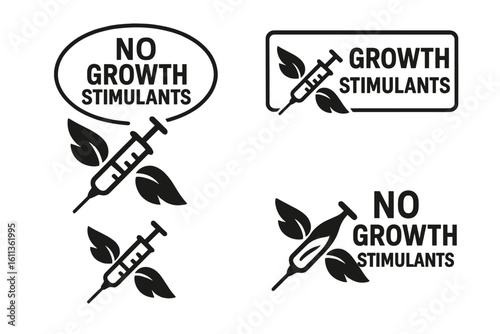 No growth stimulants label set. Natural product packaging icons. Syringe crossed out with leaves symbol. Organic certification badges. Vector collection for healthy food
