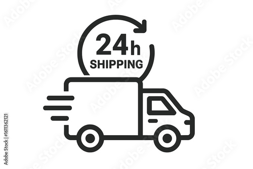 24h shipping icon with fast delivery truck outline symbol. Express same day courier service, e-commerce logistics, black linear vector for app and web UI, transparent background