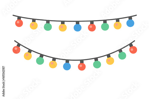 Christmas lights garland vector illustration. Festive holiday party decoration with colored bulbs. Straight and sagging hanging string lights in flat style isolated.