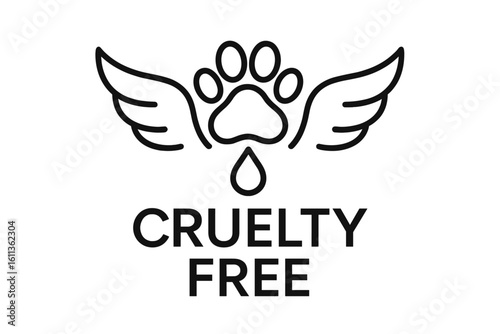 Cruelty free concept for product packaging. Label for no animal testing. Animal footprint icon with wings, symbol of freedom. Vegan and bio cosmetics vector icon set.