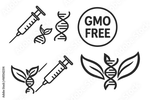 GMO free icon set for product packaging and labeling. Concept for non-gmo food. Genetically modified organism. Syringe, DNA, gene, and plant symbols. Biotechnology vector.
