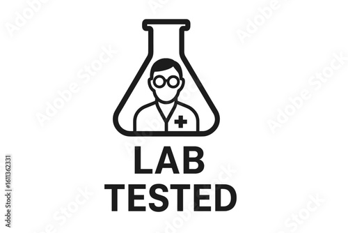 Lab Tested Product Label with Scientist Icon in Flask Outline, Medical Professional with Glasses, Quality Assurance, Laboratory Certification, Clinical Research, Science Concept for Packaging