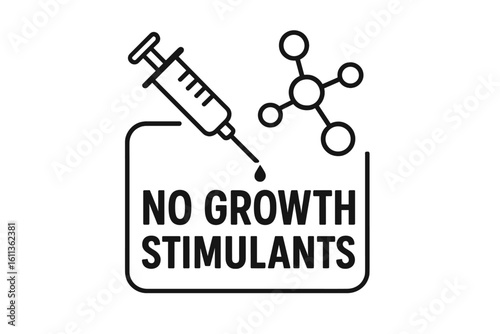 No growth stimulants food label icon. Hormone and antibiotic free symbol for packaging. Natural organic product package badge. Syringe, injection and molecule vector.