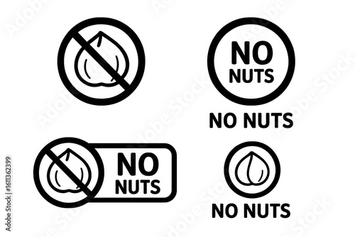 No nuts allergen free warning labels food packaging stamps. Crossed out nut icons vector set. Product labeling symbols transparent background collection design elements
