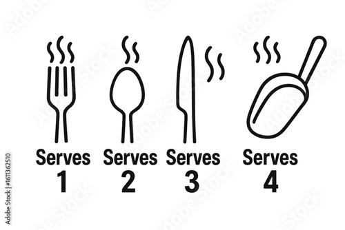 Serving size icons for food packaging or menu. Label with recommended number of servings. Hot food portion control symbol. Cutlery, scoop with steam vector set.