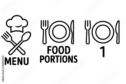 Food portion icon for menu and packaging. Serving size symbol for restaurant meal. Chef hat with cutlery. Nutrition information label. Vector set for diet control guide.