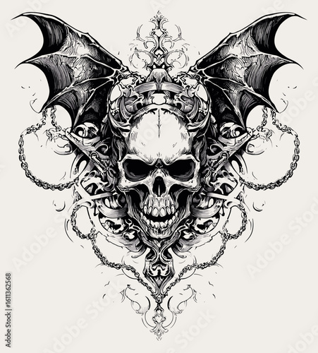 A highly stylized black and white illustration of a skull with bat wings, intricate chains, and gothic elements,