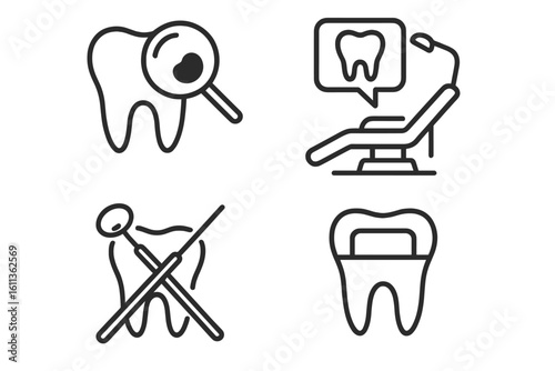 Dental icons outline linear style vector set. Tooth care dentist orthodontist treatment restoration web symbols. Healthcare medical office conceptual graphics collection