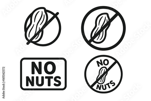 No nuts icon set for food packaging. Nut free allergen label. Peanut allergy warning symbol. Healthy food product stamp. Crossed out nut sign vector graphic element.