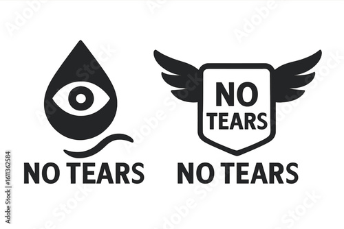 No tears icon set for product packaging. Vector label for baby shampoo. Gentle formula symbol. Tear free and hypoallergenic sign. Ophthalmologist tested. Shield with wings.