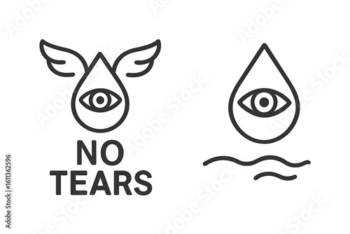 No tears formula icon set for product packaging. Gentle cosmetic symbol for baby shampoo. Ophthalmologically tested label. Teardrop with eye and wings vector logo concept.