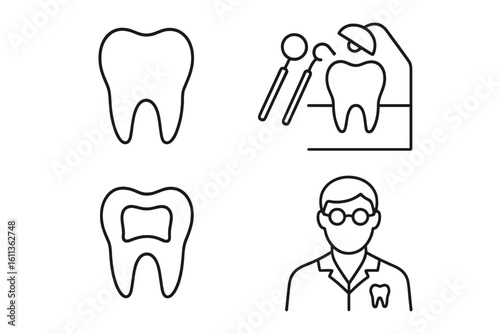 Dentistry icon set in outline linear style. Tooth icon for dental office, treatment and restoration of teeth. Orthodontist and dentist. Vector conceptual web icons for clinic.