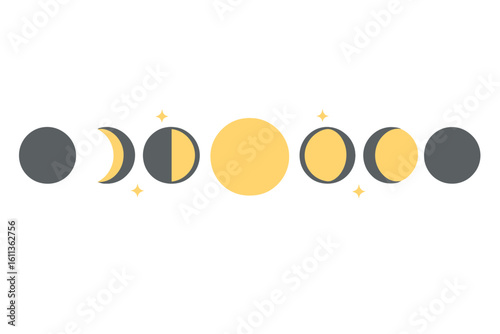 Moon phases flat design vector illustration set. Complete lunar cycle astronomy icons from new moon to full moon. Night sky space science educational infographic