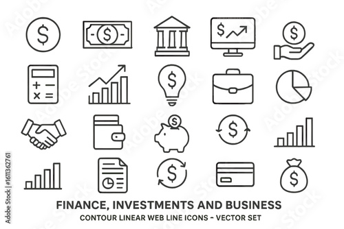 Finance business investment linear icons set. Money banking payment vector symbols. Financial charts calculator wallet piggy bank dollar outline graphics collection