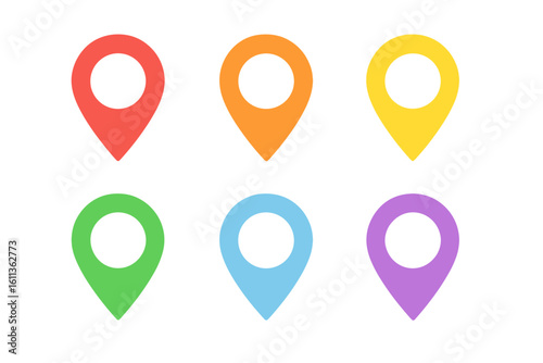 Colorful map pin location marker set. GPS navigation pointer icons collection. Travel route destination tags, geolocation symbols, flat design vector on transparent background