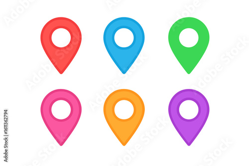 Colorful GPS map pin location marker set, glossy gradient navigation pointer icons, geotag place position symbol collection, modern travel route pointer isolated vector illustration